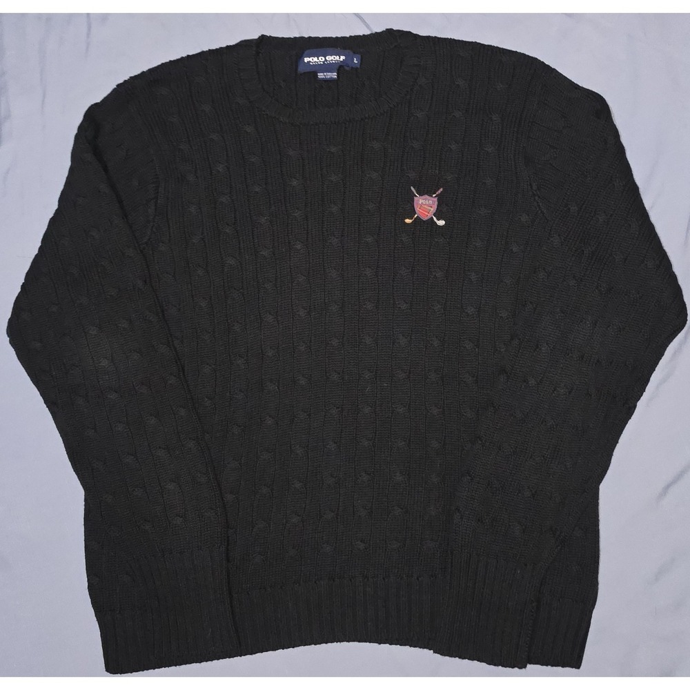VTG 90's‎ Polo Golf Ralph Lauren Sweater Mens L Black Cable Knit Crewneck Crest